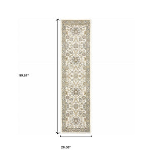 HomeRoots 10' Elegant Gray and Ivory Oriental Power Loom Area Rug - Durable, Stain-Resistant, Timeless Design 2'3" x 8' 510085