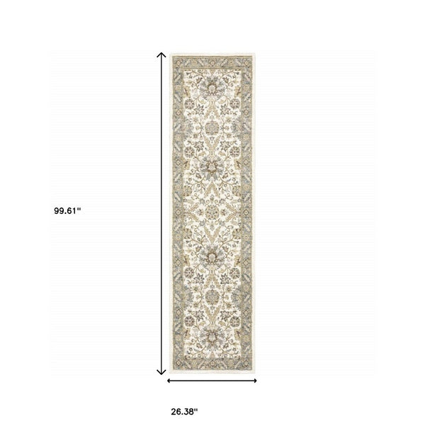 HomeRoots 10' Elegant Gray and Ivory Oriental Power Loom Area Rug - Durable, Stain-Resistant, Timeless Design 2'3" x 8' 510085