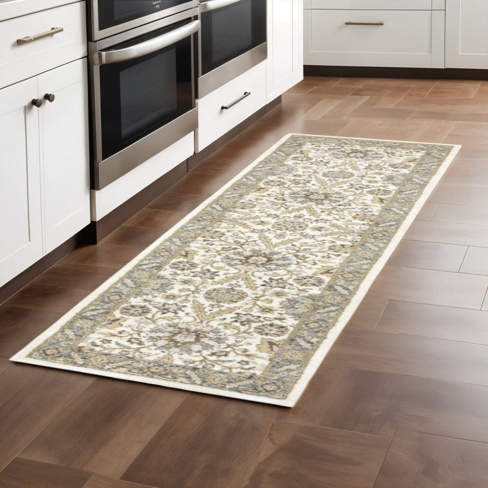 HomeRoots 10' Elegant Gray and Ivory Oriental Power Loom Area Rug - Durable, Stain-Resistant, Timeless Design 2'3" x 8' 510085
