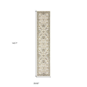 HomeRoots 10' Elegant Gray and Ivory Oriental Power Loom Area Rug - Durable, Stain-Resistant, Timeless Design 2'6" x 12' 510086