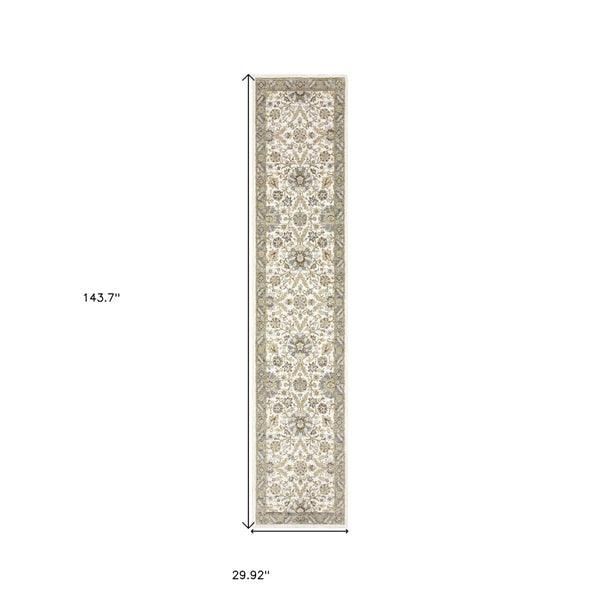 HomeRoots 10' Elegant Gray and Ivory Oriental Power Loom Area Rug - Durable, Stain-Resistant, Timeless Design 2'6" x 12' 510086