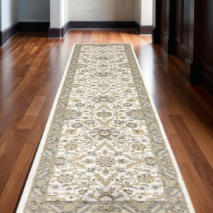 HomeRoots 10' Elegant Gray and Ivory Oriental Power Loom Area Rug - Durable, Stain-Resistant, Timeless Design 2'6" x 12' 510086