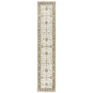 Homeroots 12' Runner Ivory Grey And Blue Oriental Power Loom Runner Rug  Other Material 510094