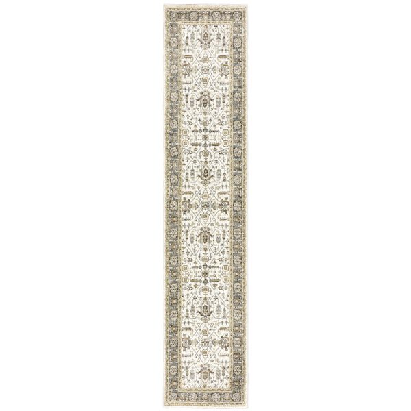 Homeroots 12' Runner Ivory Grey And Blue Oriental Power Loom Runner Rug  Other Material 510094