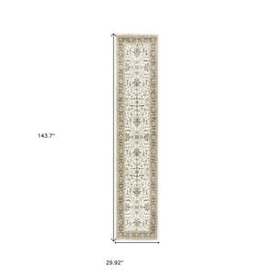 Homeroots 12' Runner Ivory Grey And Blue Oriental Power Loom Runner Rug  Other Material 510094