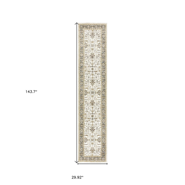 Homeroots 12' Runner Ivory Grey And Blue Oriental Power Loom Runner Rug  Other Material 510094