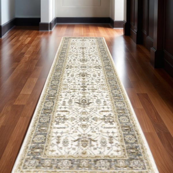 HomeRoots 8' Ivory and Blue Oriental Runner Rug - Timeless Elegance for High-Traffic Hallways and Entryways 2'6" x 12' 510094