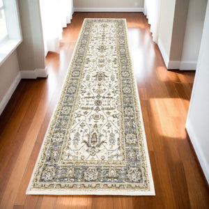 Homeroots 12' Runner Ivory Grey And Blue Oriental Power Loom Runner Rug  Other Material 510094