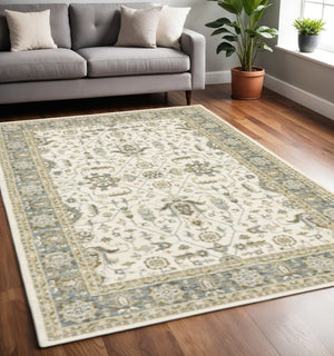 HomeRoots 8' Ivory and Blue Oriental Runner Rug - Timeless Elegance for High-Traffic Hallways and Entryways 5' X 7' 510096