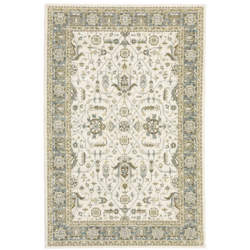 HomeRoots 8' Ivory and Blue Oriental Runner Rug - Timeless Elegance for High-Traffic Hallways and Entryways 7' X 10' 510097