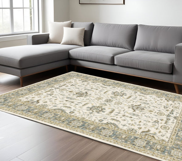 HomeRoots 8' Ivory and Blue Oriental Runner Rug - Timeless Elegance for High-Traffic Hallways and Entryways 7' X 10' 510097