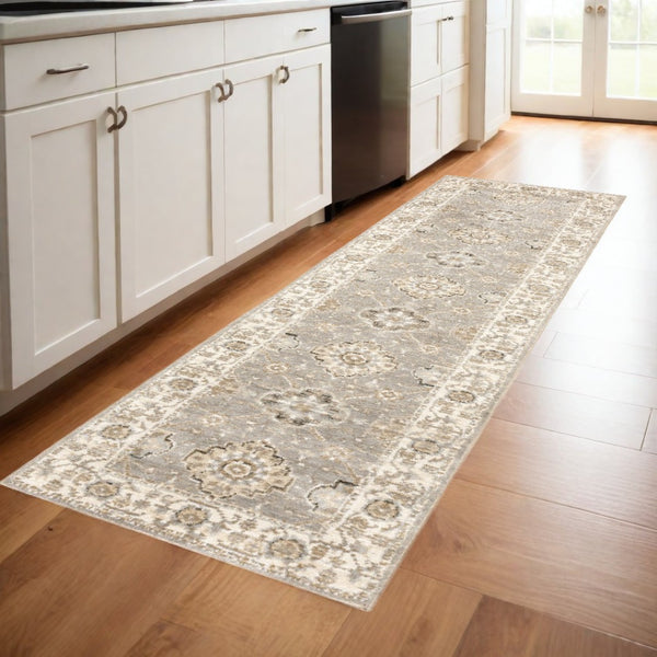 HomeRoots 10' Elegant Gray and Ivory Oriental Area Rug - Durable, Timeless Design for Any Living Space 2'3" x 8' 510100