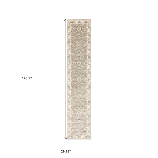 HomeRoots 10' Elegant Gray and Ivory Oriental Area Rug - Durable, Timeless Design for Any Living Space 2'6" x 12' 510101