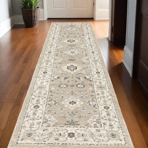 HomeRoots 10' Elegant Gray and Ivory Oriental Area Rug - Durable, Timeless Design for Any Living Space 2'6" x 12' 510101