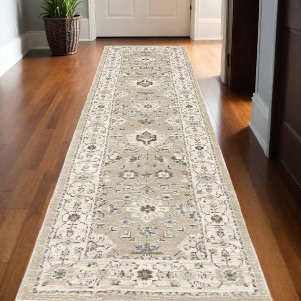 HomeRoots 10' Elegant Gray and Ivory Oriental Area Rug - Durable, Timeless Design for Any Living Space 2'6" x 12' 510101