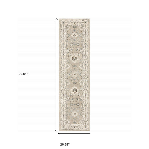 Homeroots 8' Runner Beige And Ivory Oriental Power Loom Runner Rug  Other Material 510109