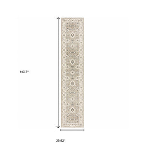 Homeroots 12' Runner Beige And Ivory Oriental Power Loom Runner Rug  Other Material 510110