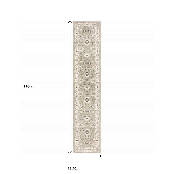 Homeroots 12' Runner Beige And Ivory Oriental Power Loom Runner Rug  Other Material 510110