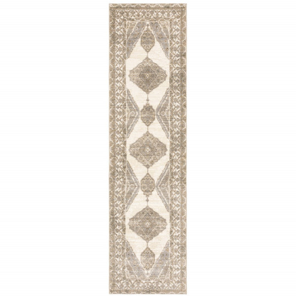 HomeRoots 8' Elegant Beige and Ivory Oriental Runner Rug - Durable, Stain-Resistant Design for Busy Homes 2'3" x 8' 510117