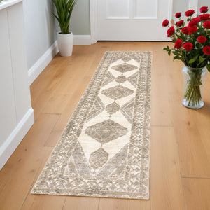 Homeroots 2' Beige And Ivory Oriental Area Rug – Durable, Stain Resistant Design For Cozy Spaces With Kids & Pets 2'3" X 8' Polypropylene,Nylon 510117