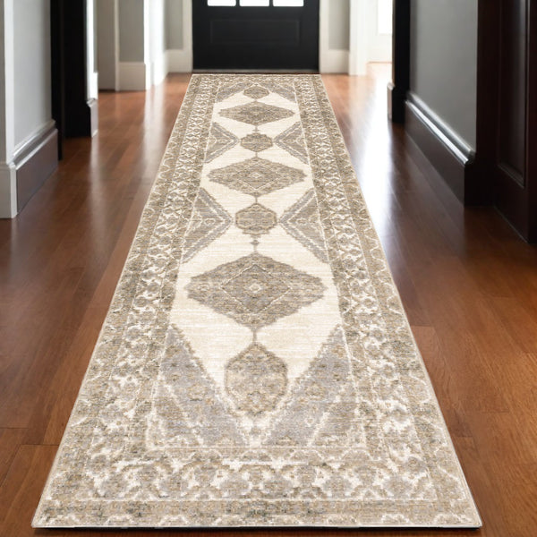 Homeroots 2' Beige And Ivory Oriental Area Rug – Durable, Stain Resistant Design For Cozy Spaces With Kids & Pets 2'6" X 12' Polypropylene,Nylon 510118