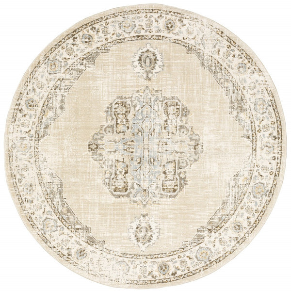 HomeRoots 8' Beige and Ivory Medallion Runner Rug - Distressed Floral Design for Elegant Hallways & Entryways 7'10" Round 510120