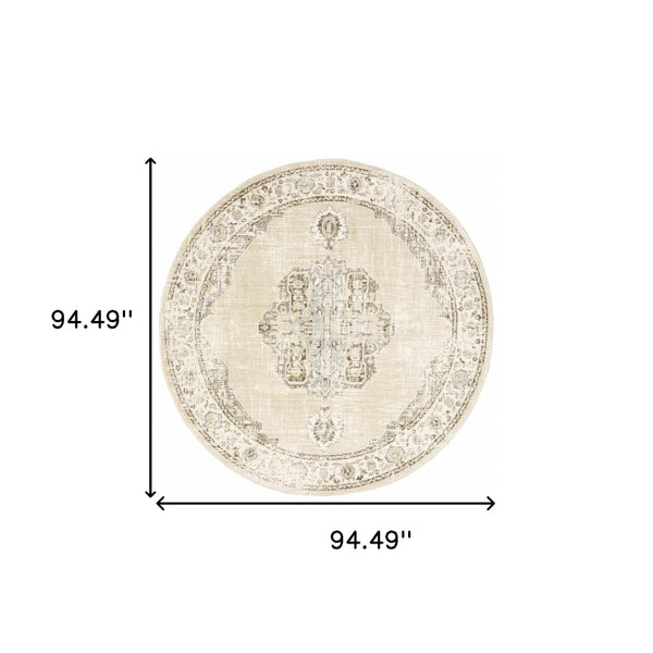 HomeRoots 8' Beige and Ivory Medallion Runner Rug - Distressed Floral Design for Elegant Hallways & Entryways 7'10" Round 510120