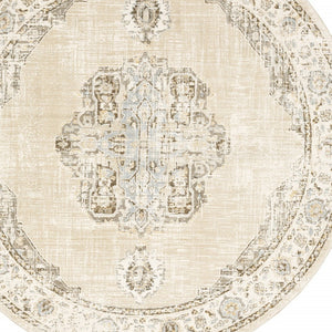 HomeRoots 8' Beige and Ivory Medallion Runner Rug - Distressed Floral Design for Elegant Hallways & Entryways 7'10" Round 510120