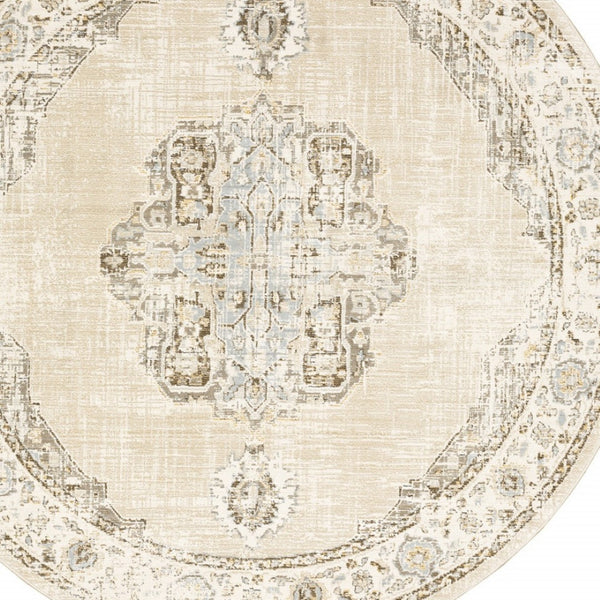 HomeRoots 8' Beige and Ivory Medallion Runner Rug - Distressed Floral Design for Elegant Hallways & Entryways 7'10" Round 510120