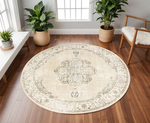 HomeRoots 8' Beige and Ivory Medallion Runner Rug - Distressed Floral Design for Elegant Hallways & Entryways 7'10" Round 510120
