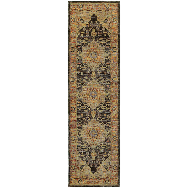 Homeroots 8' Runner Black And Gold Oriental Power Loom Runner Rug  Other Material 510123