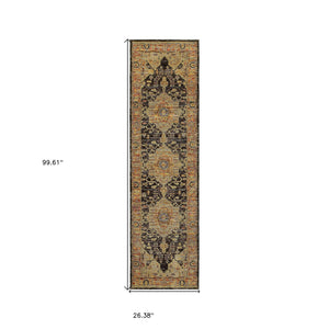 Homeroots 8' Runner Black And Gold Oriental Power Loom Runner Rug  Other Material 510123