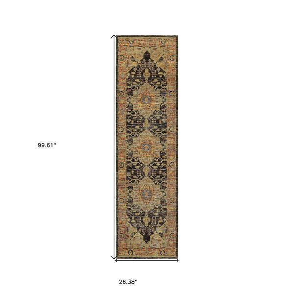 Homeroots 8' Runner Black And Gold Oriental Power Loom Runner Rug  Other Material 510123