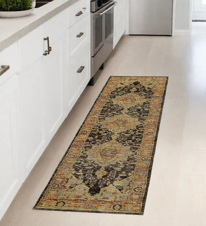 Homeroots 8' Runner Black And Gold Oriental Power Loom Runner Rug  Other Material 510123