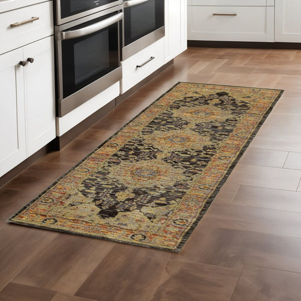 HomeRoots 10' Elegant Black and Gold Oriental Power Loom Area Rug for Timeless Style and Durability 2'3" x 8' 510123