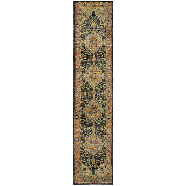 Homeroots 12' Runner Gold And Black Oriental Power Loom Runner Rug  Other Material 510124