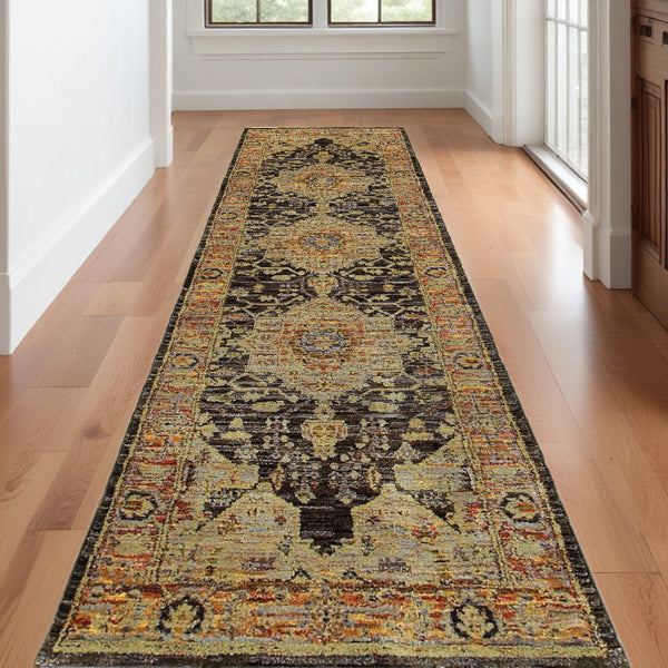 Homeroots 12' Runner Gold And Black Oriental Power Loom Runner Rug  Other Material 510124