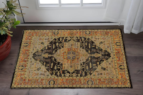 HomeRoots 10' Elegant Black and Gold Oriental Power Loom Area Rug for Timeless Style and Durability 3' x 5' Rectangle 510125