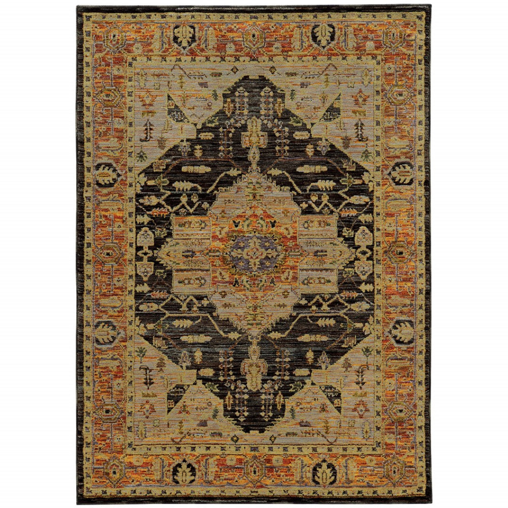 HomeRoots 10' Elegant Black and Gold Oriental Power Loom Area Rug for Timeless Style and Durability 5' X 7' Rectangle 510126