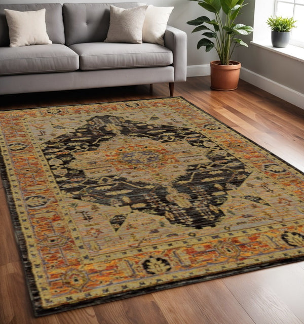 HomeRoots 10' Elegant Black and Gold Oriental Power Loom Area Rug for Timeless Style and Durability 5' X 7' Rectangle 510126