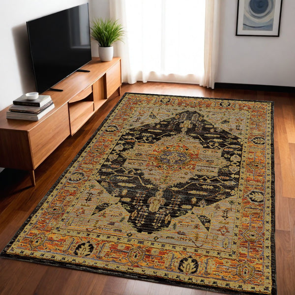 Homeroots 5' X 7' Black And Gold Oriental Power Loom Area Rug  Other Material 510126