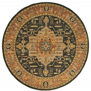 Homeroots 8' Black And Gold Round Oriental Power Loom Area Rug  Other Material 510128