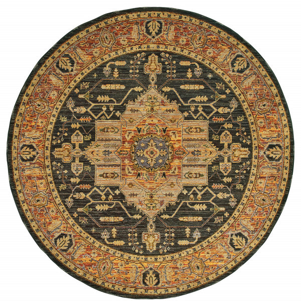 Homeroots 8' Black And Gold Round Oriental Power Loom Area Rug  Other Material 510128
