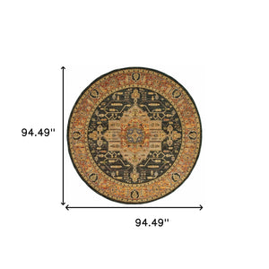 Homeroots 8' Black And Gold Round Oriental Power Loom Area Rug  Other Material 510128