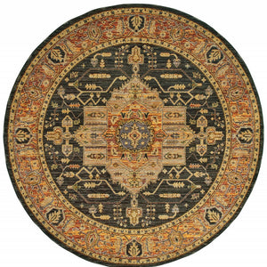 Homeroots 8' Black And Gold Round Oriental Power Loom Area Rug  Other Material 510128