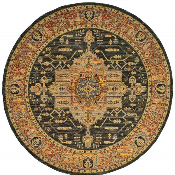 Homeroots 8' Black And Gold Round Oriental Power Loom Area Rug  Other Material 510128