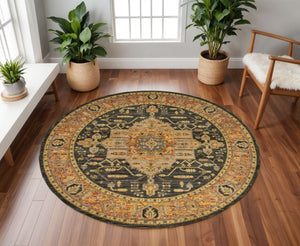 HomeRoots 10' Elegant Black and Gold Oriental Power Loom Area Rug for Timeless Style and Durability 8' Round Round 510128