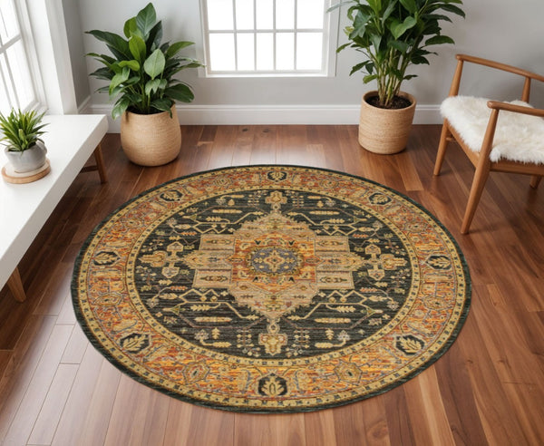 HomeRoots 10' Elegant Black and Gold Oriental Power Loom Area Rug for Timeless Style and Durability 8' Round Round 510128