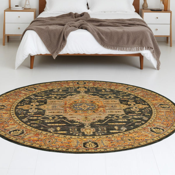 Homeroots 8' Black And Gold Round Oriental Power Loom Area Rug  Other Material 510128