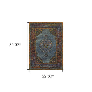 Homeroots 2' X 3' Blue And Beige Oriental Power Loom Area Rug  Polypropylene 510132